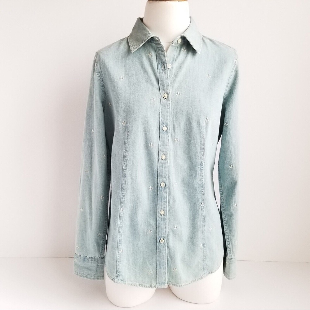Talbots Petites Denim Button Front Embroidered Shirt Fleur de lis Size 6p